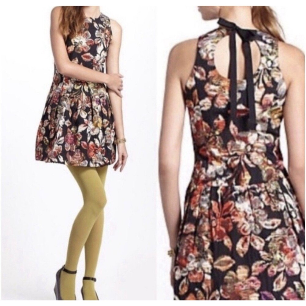 LEIFSDOTTIR Size 0 Cocktail Dress Black Multi Floral Shimmer Cutout Back Pockets